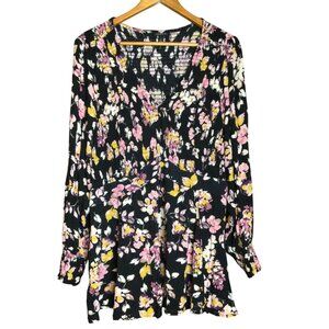 Torrid 2 Floral Babydoll Top Womens Size 2X Black Long Sleeve Smocked Tunic